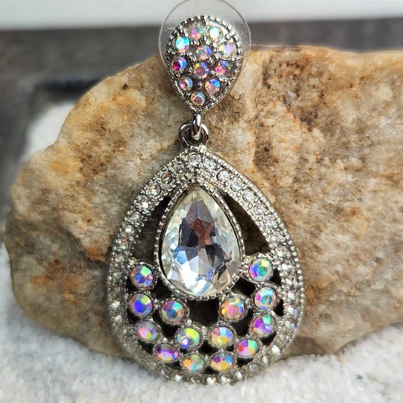 AB Irridescent Drop Earrings Teardrop Shape Post - Picture 8 of 8